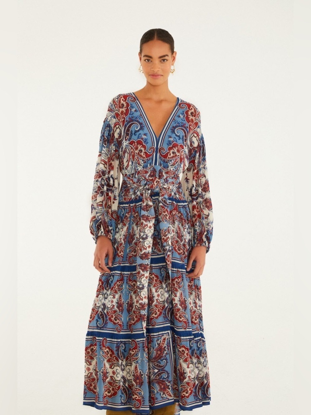 Farm Rio: Blue Paisley Scarf Long Sleeve Maxi Dress